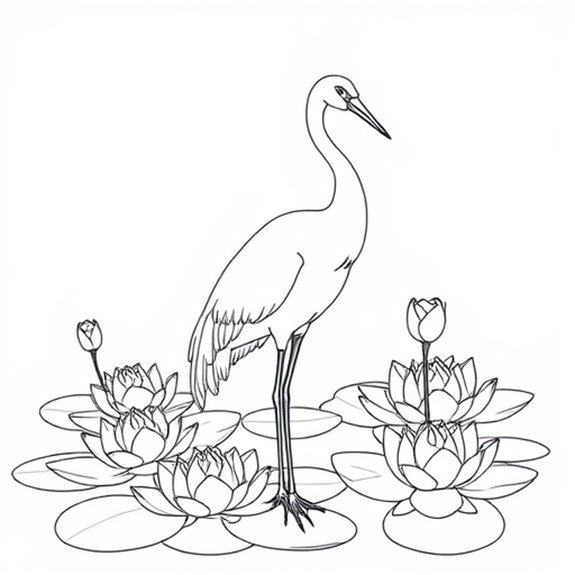 Elegant Crane By Lilies Coloring Pages Elegant Crane By Lilies Coloring Pages