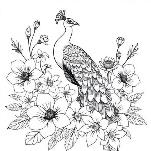 Peacock Adorned With Flowers Coloring Pages Peacock Adorned With Flowers Coloring Pages